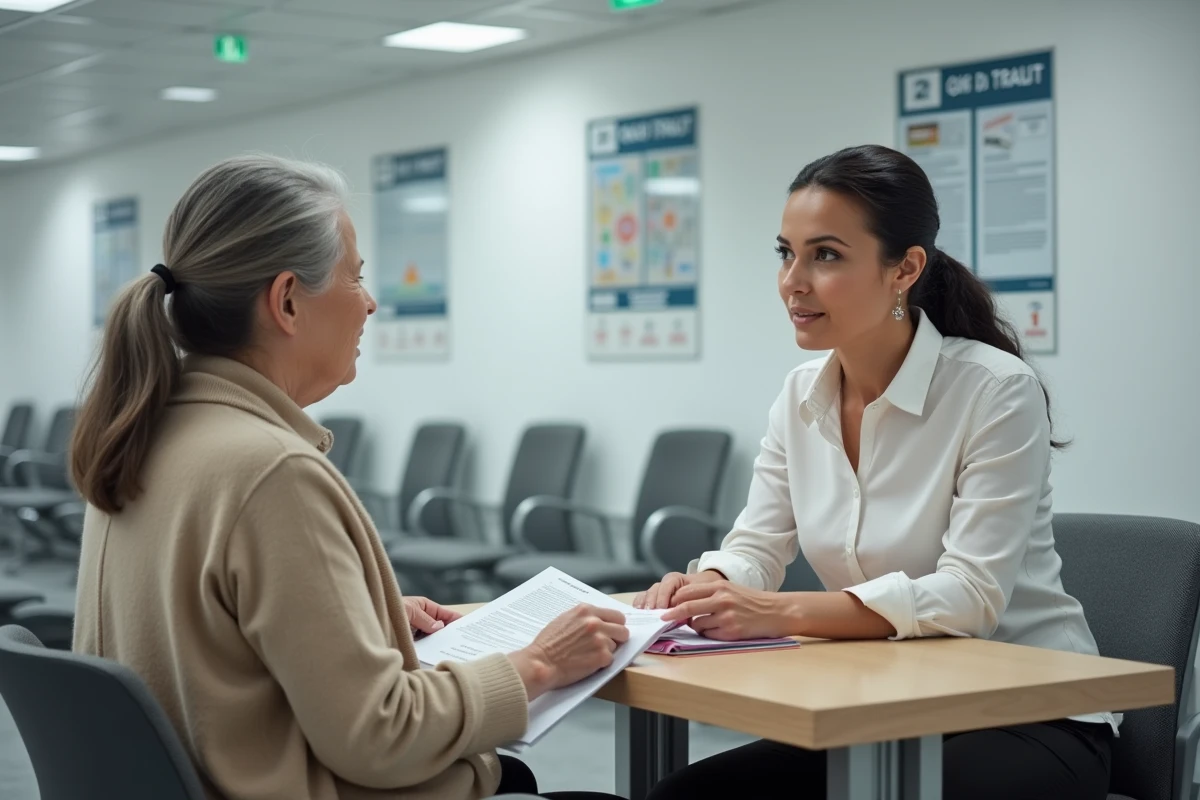 Accueil intérieur d'une agence CPAM avec agent administratif recevant une assurée au guichet dans une salle d'attente moderne