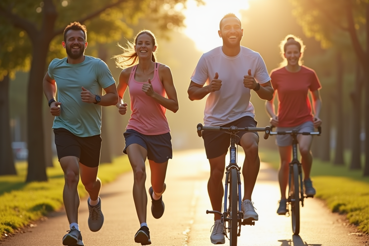 Quatre adultes pratiquant différentes activités sportives dans un parc urbain ensoleillé