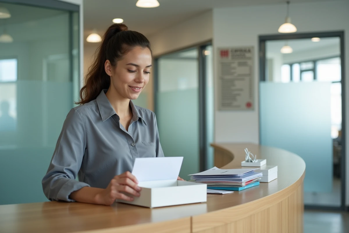Assistante médicale triant courriers CPAM dans la salle d