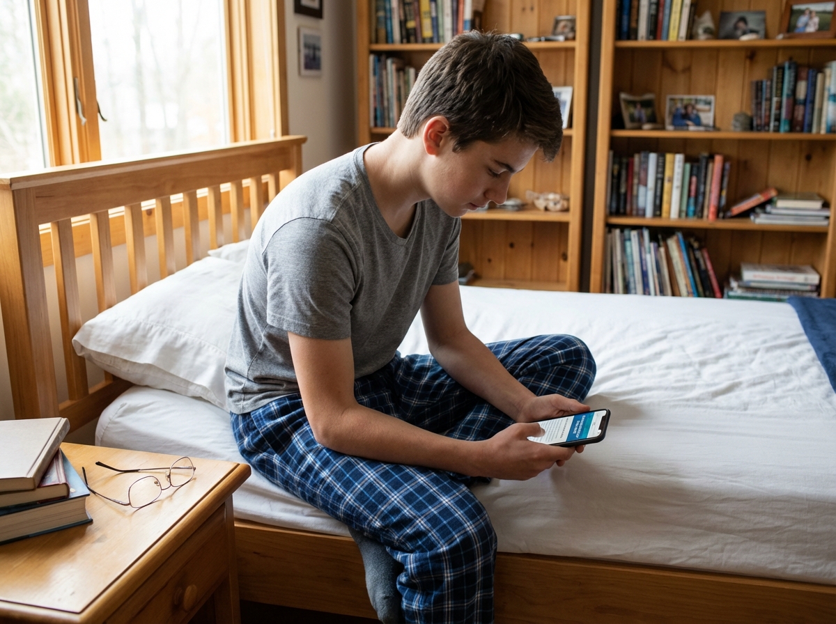 Adolescent lisant sur son smartphone dans sa chambre cosy