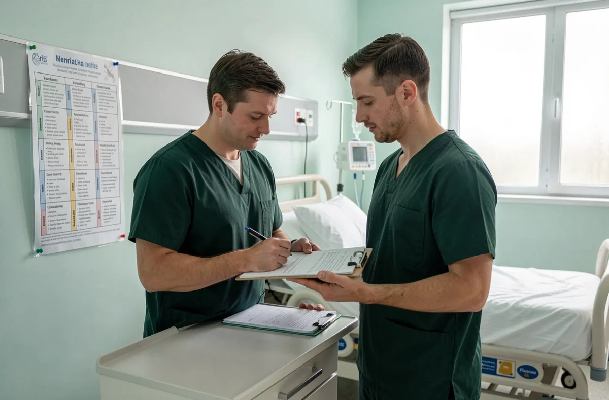 Aide soignant prenant des notes médicales avec un lexique de vocabulaire affiché dans une chambre hospitalière