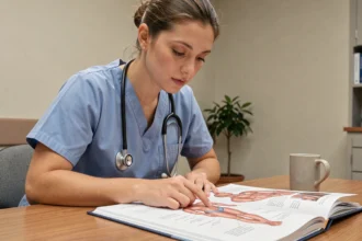 Aide soignante étudiant un manuel d'anatomie médicale dans une salle de pause hospitalière