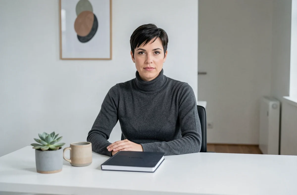 Alexine Rabaud-Dubé, psychologue à La Roche-sur-Yon, posant avec professionnalisme dans son cabinet contemporain épuré
