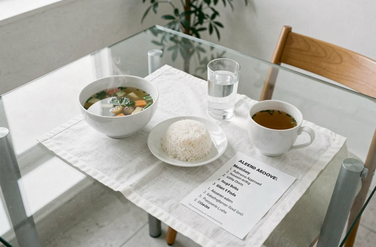 Repas autorisé avant une coloscopie avec bouillon clair, riz blanc et tisane sur une table minimaliste
