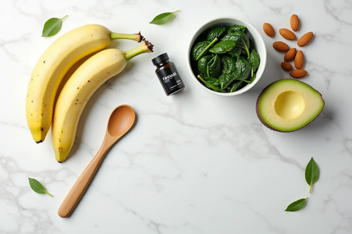 Vue de dessus d'aliments riches en potassium comme la banane, l'avocat et les épinards avec un complément alimentaire sur fond de marbre blanc