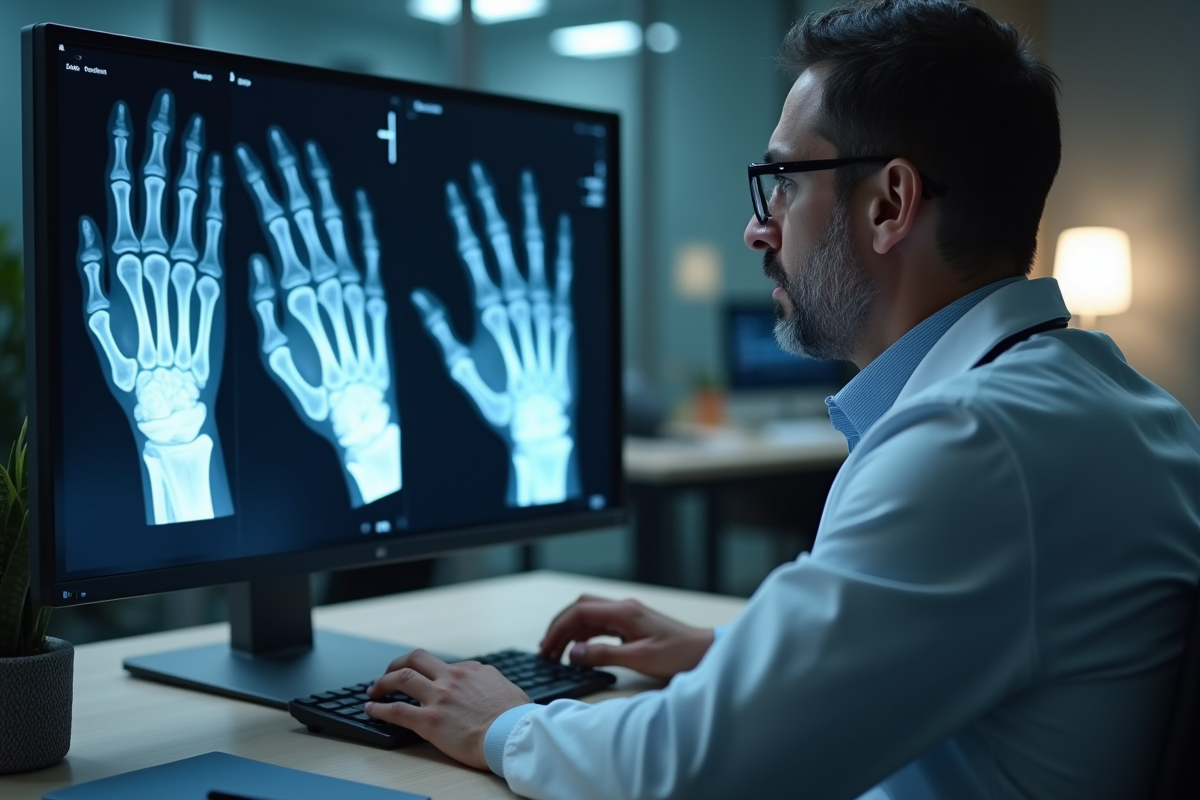 Medecin analysant rayons X de la main et du poignet sur un ecran