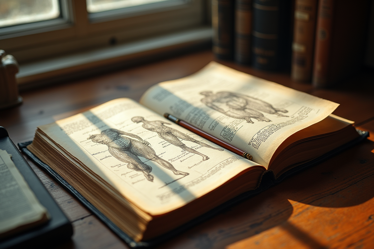Ancien manuscrit médical ouvert avec notes et croquis