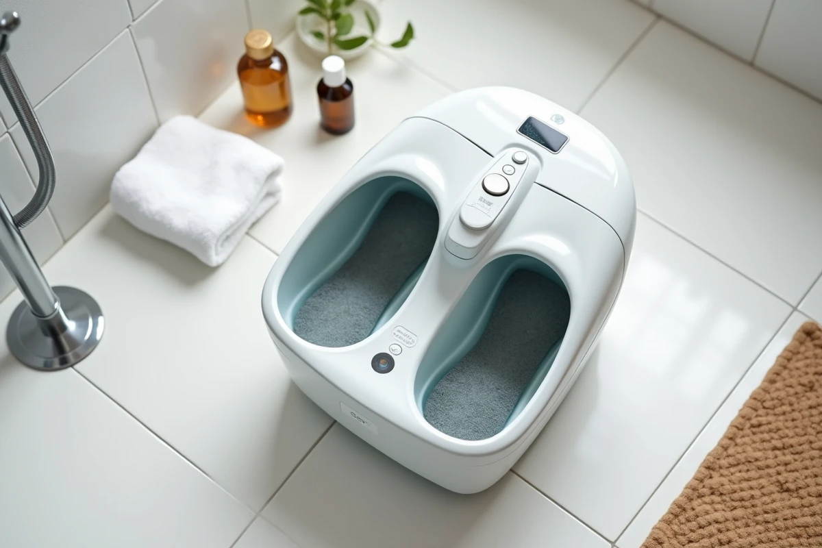 Appareil masseur de pieds chauffant avec rouleaux de massage posé sur carrelage blanc dans une salle de bain