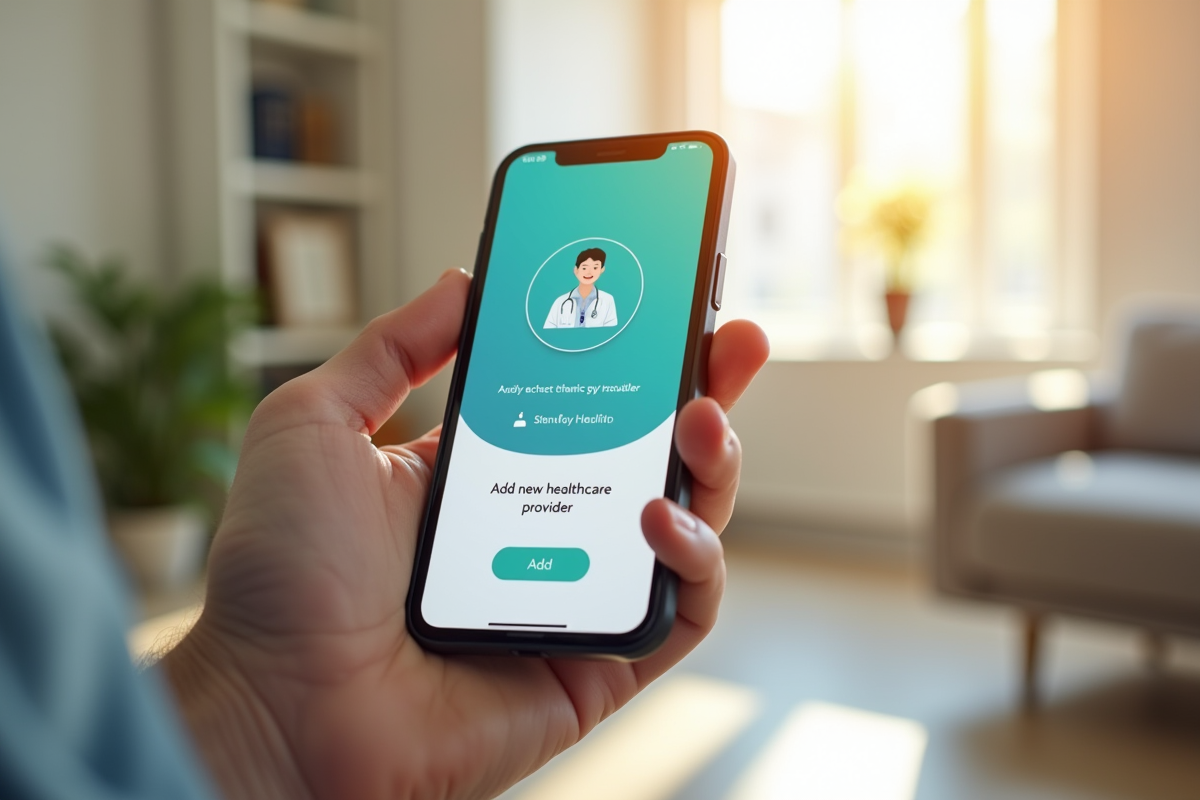 Gros plan sur un smartphone avec une application santé dans un environnement lumineux