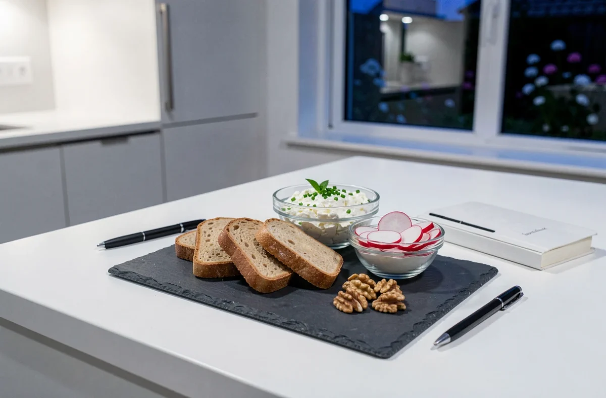 Ardoise de biscottes avec cottage cheese, radis et noix pour un dîner sain et équilibré sur un comptoir de cuisine blanc