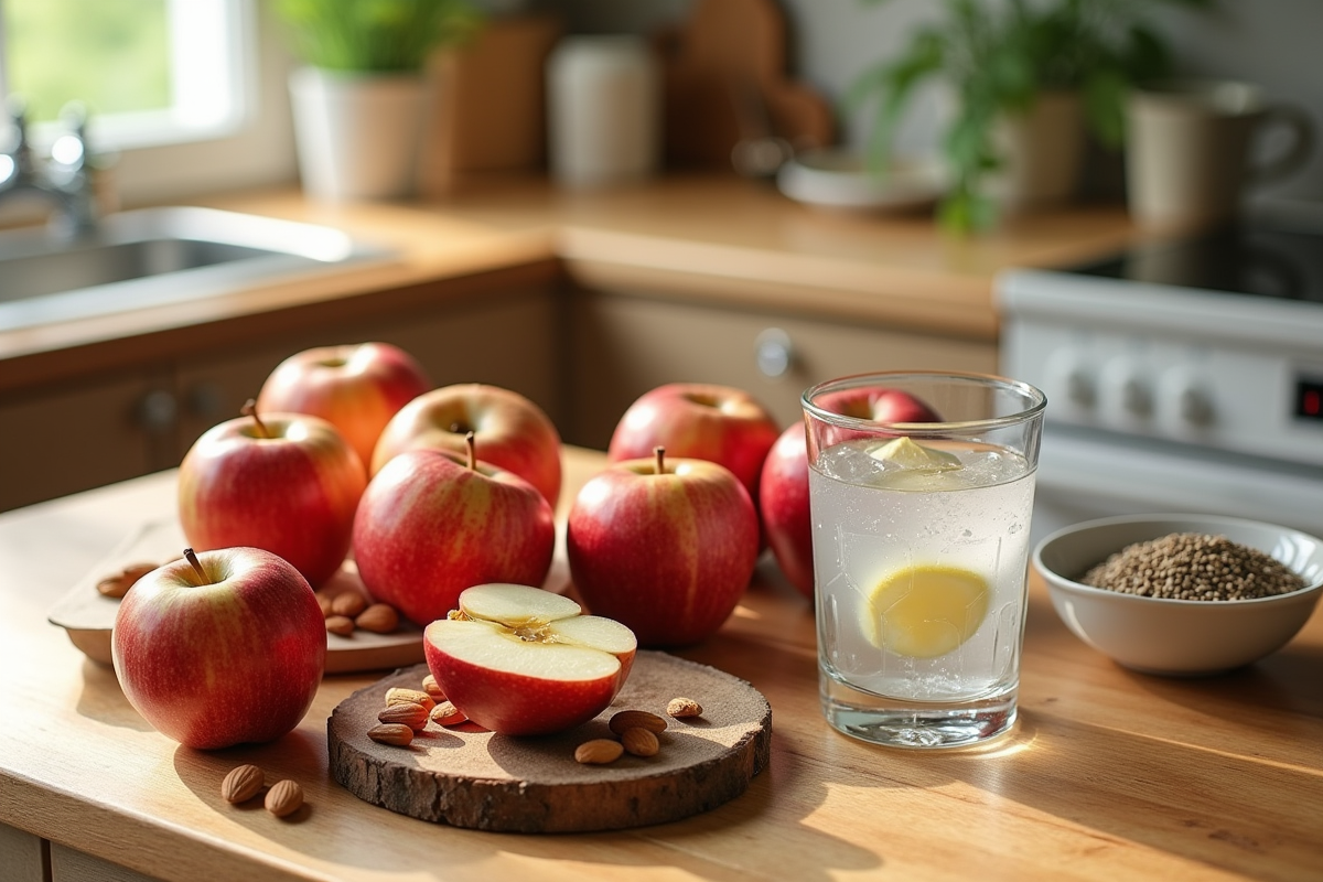 Assortiment d'aliments naturels anti-fatigue sur une table en bois