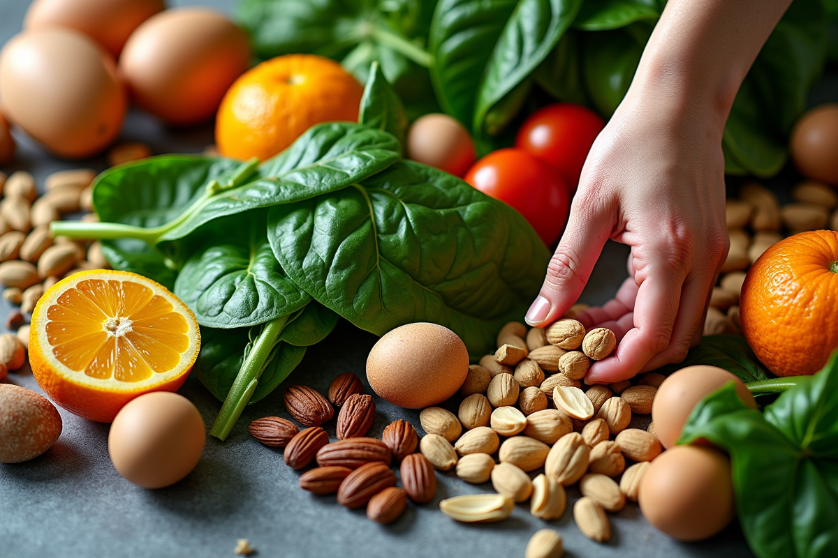 Assortiment d aliments riches en nutriments avec main ouverte