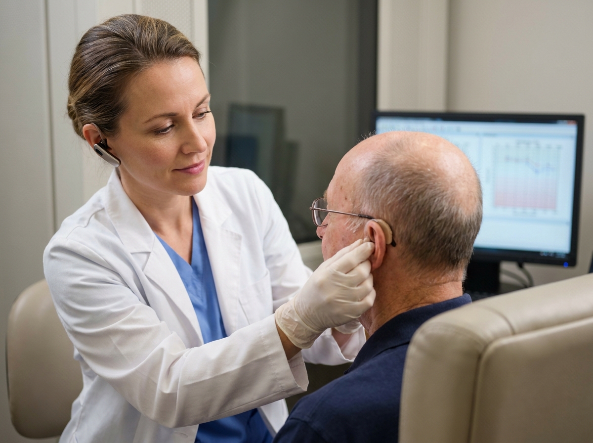 Audioprothésiste ajustant une aide auditive sur l'oreille d'un patient dans une cabine d'audiologie professionnelle