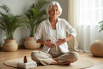 Femme mature réalisant un auto-massage du bas du dos et de la hanche avec une huile essentielle pour soulager la sciatique, assise sur un plancher en bois dans un salon chaleureux