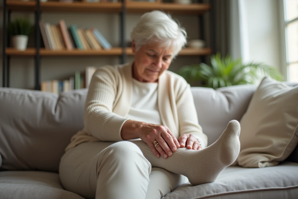 Femme âgée appliquant un pansement sur son talon