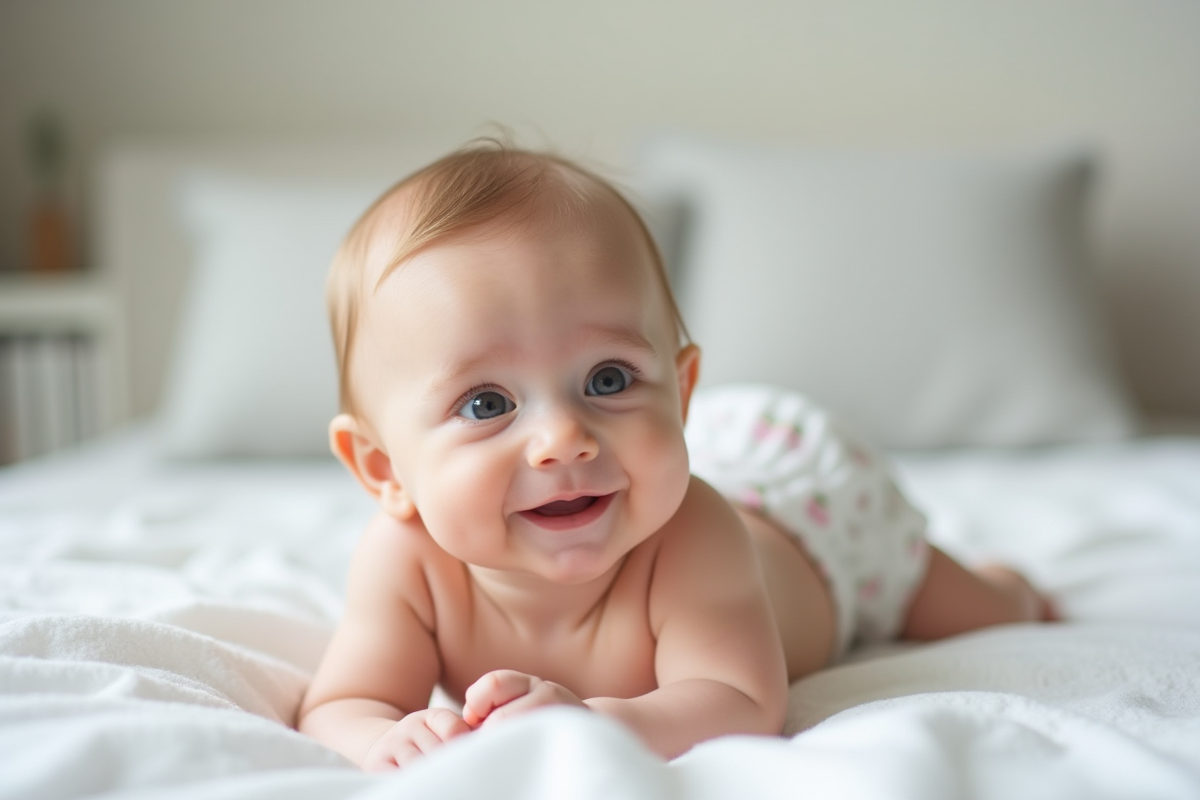 Bébé sain allongé sur une couverture blanche souriant