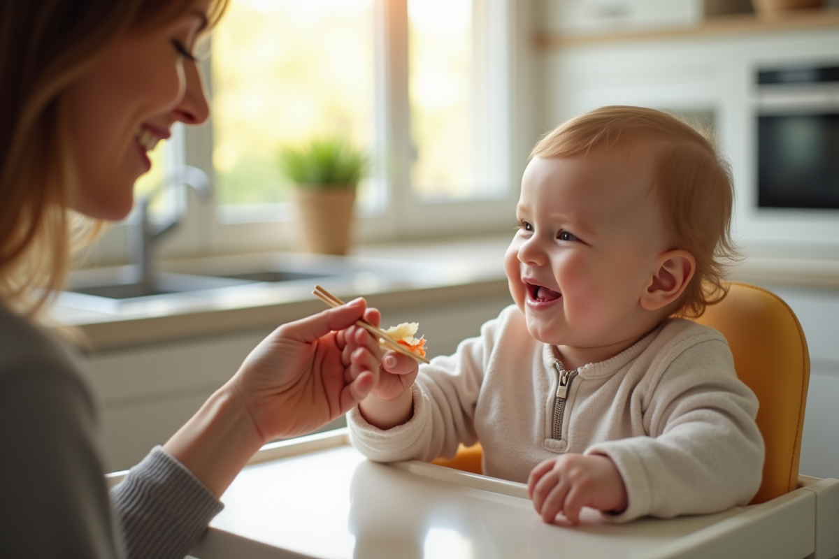 Bébé souriant dans une chaise haute mangeant du sushi en cuisine