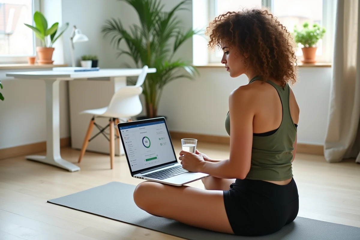 Femme analysant ses résultats de 30 jours de Pilates sur ordinateur portable avec tableau de bord de progression