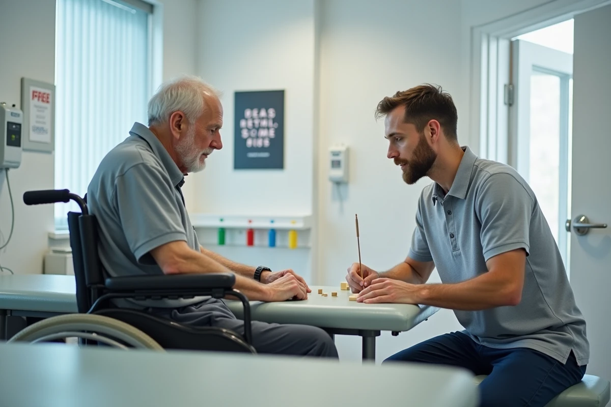 Ergothérapeute réalisant un bilan moteur avec un patient âgé en fauteuil roulant dans un service de rééducation hospitalier