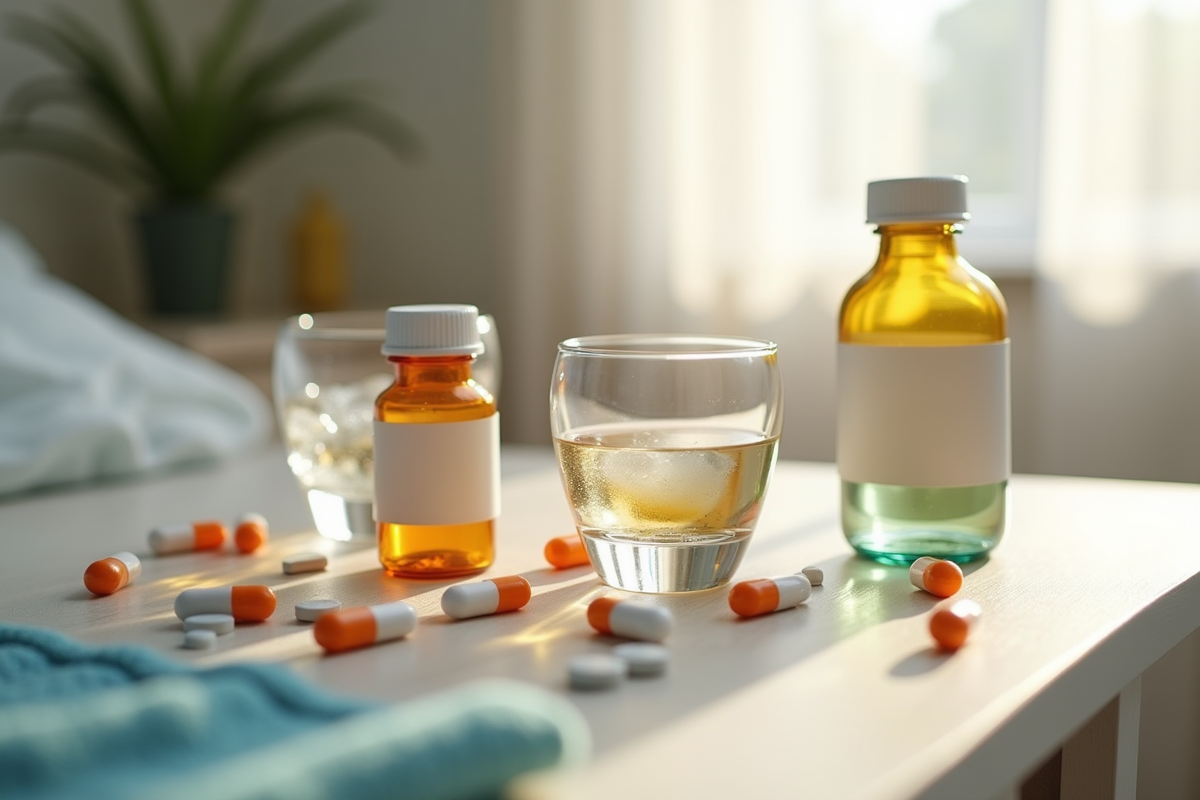 Bouteilles de médicaments et verres d
