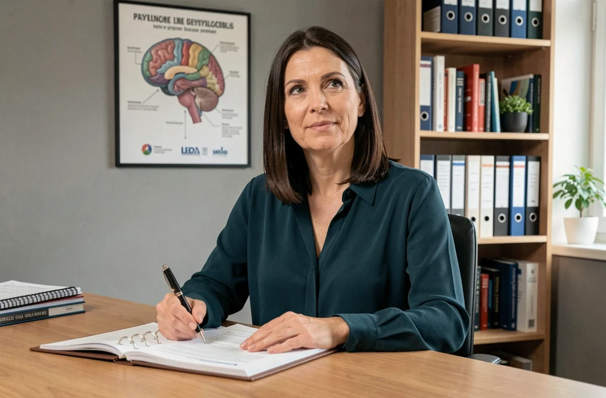 Céline Moreau, psychologue clinicienne à Luçon, levant les yeux de son dossier dans son cabinet professionnel du sud Vendée