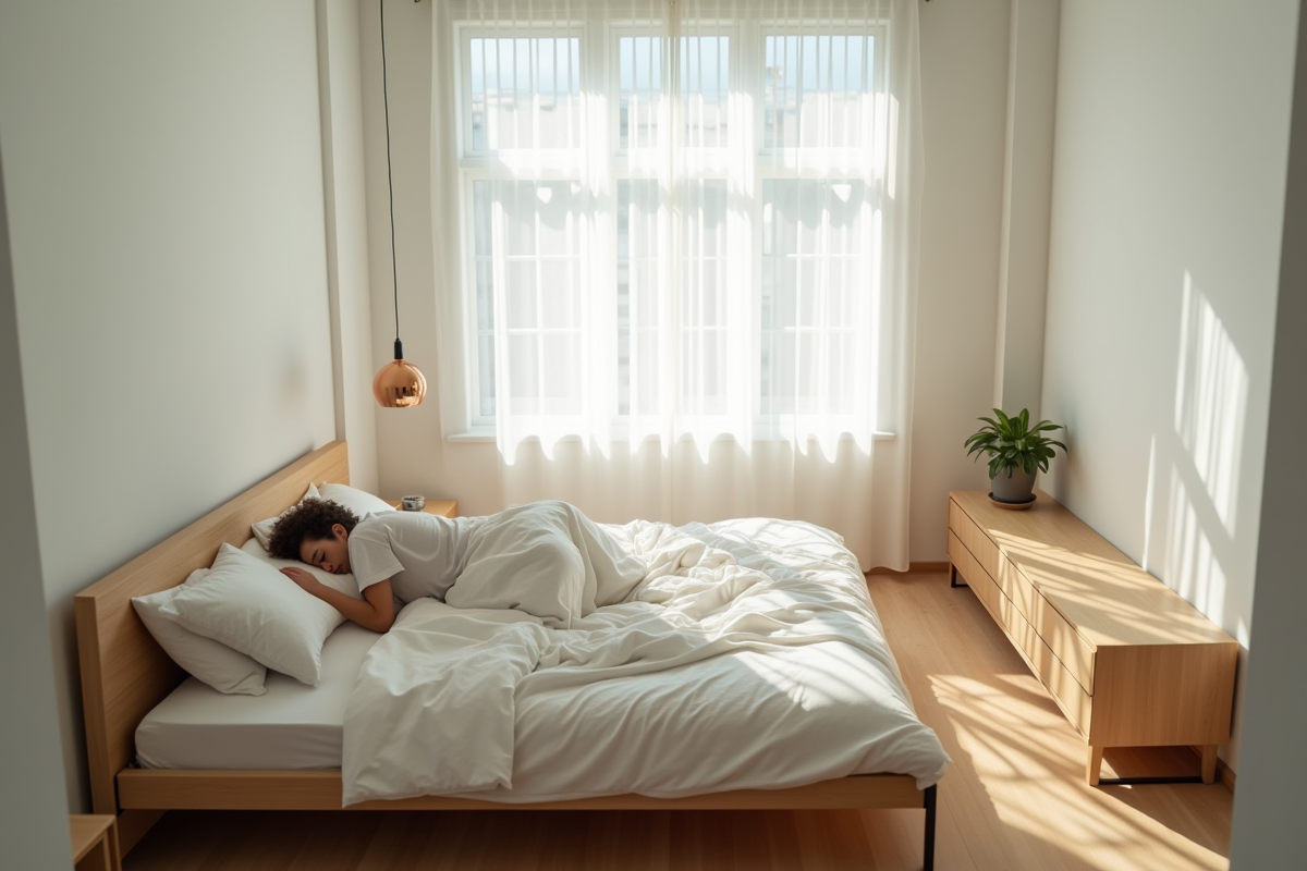 Chambre moderne vue du dessus avec lit désordonné