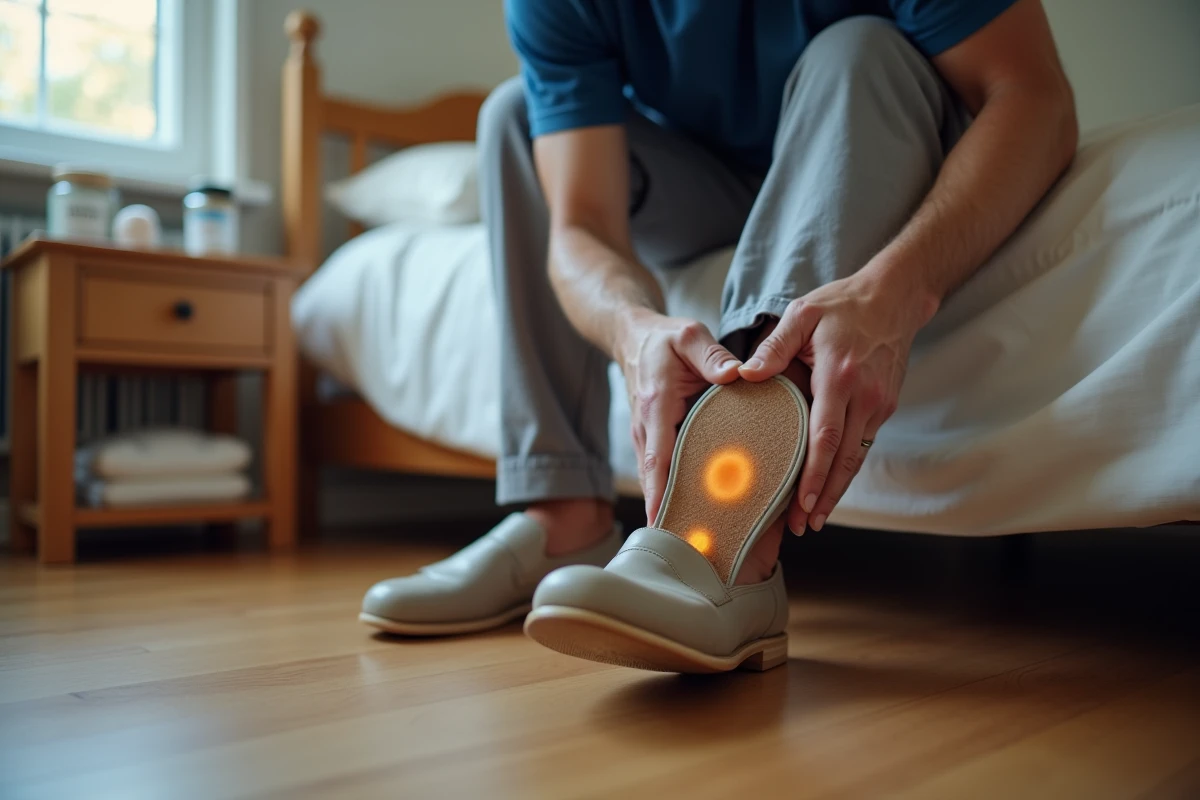 Homme enfilant une chaussure orthopédique adaptée pour marcher sans douleur malgré une épine calcanéenne
