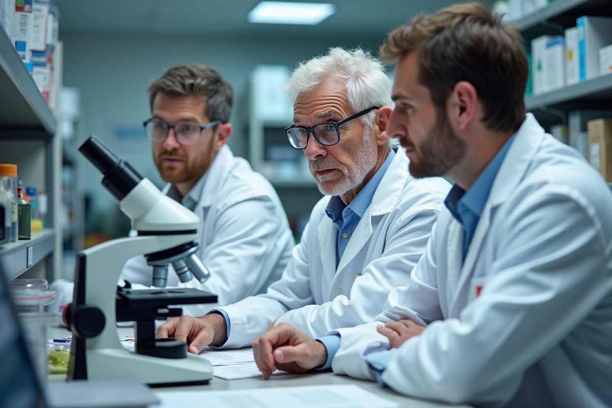 Groupe de chercheurs autour d’un microscope en laboratoire