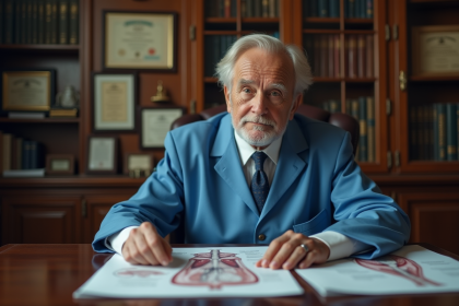 Chirurgien age en blouse bleue dans un bureau ancien