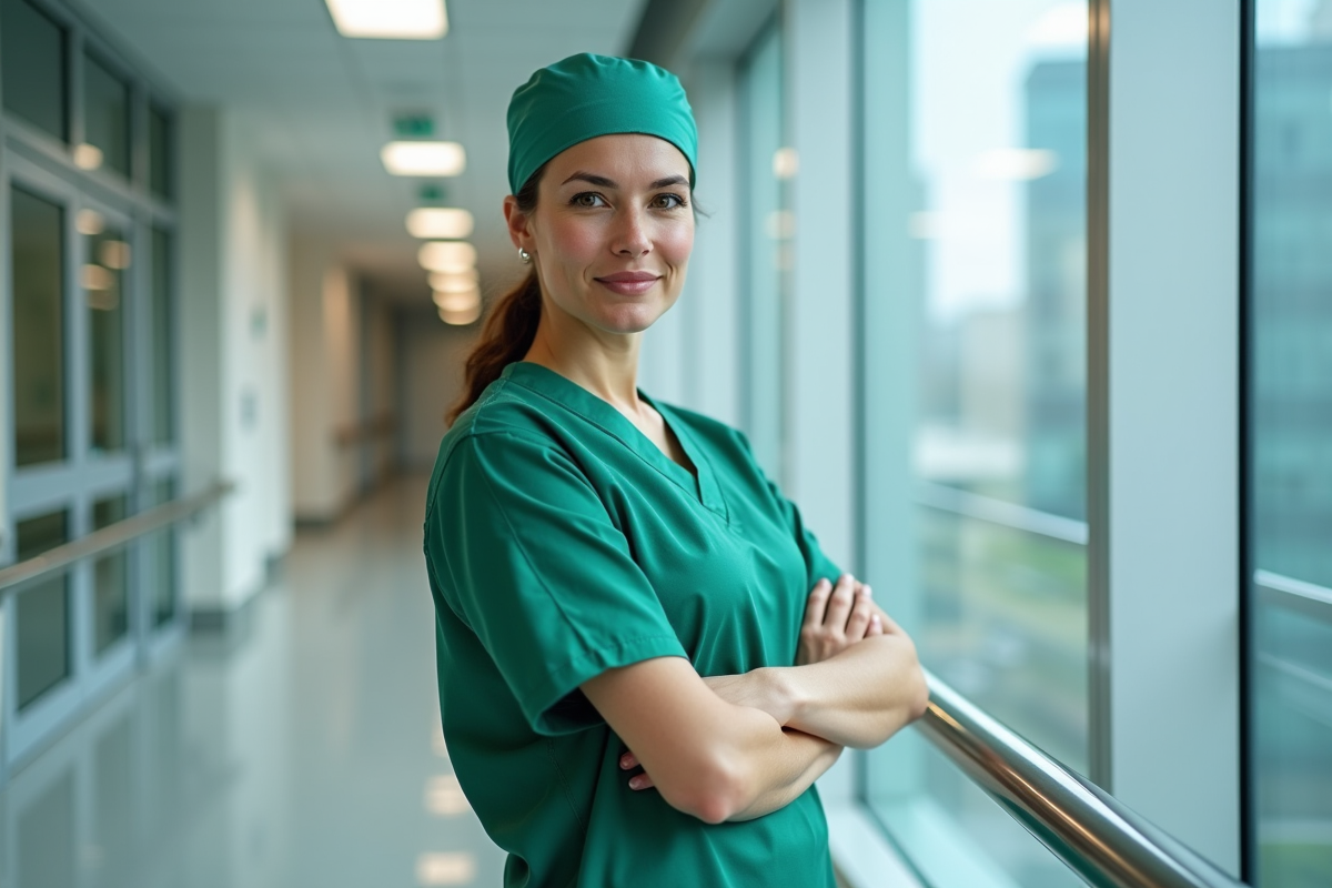 Chirurgienne en blouse verte dans un couloir d