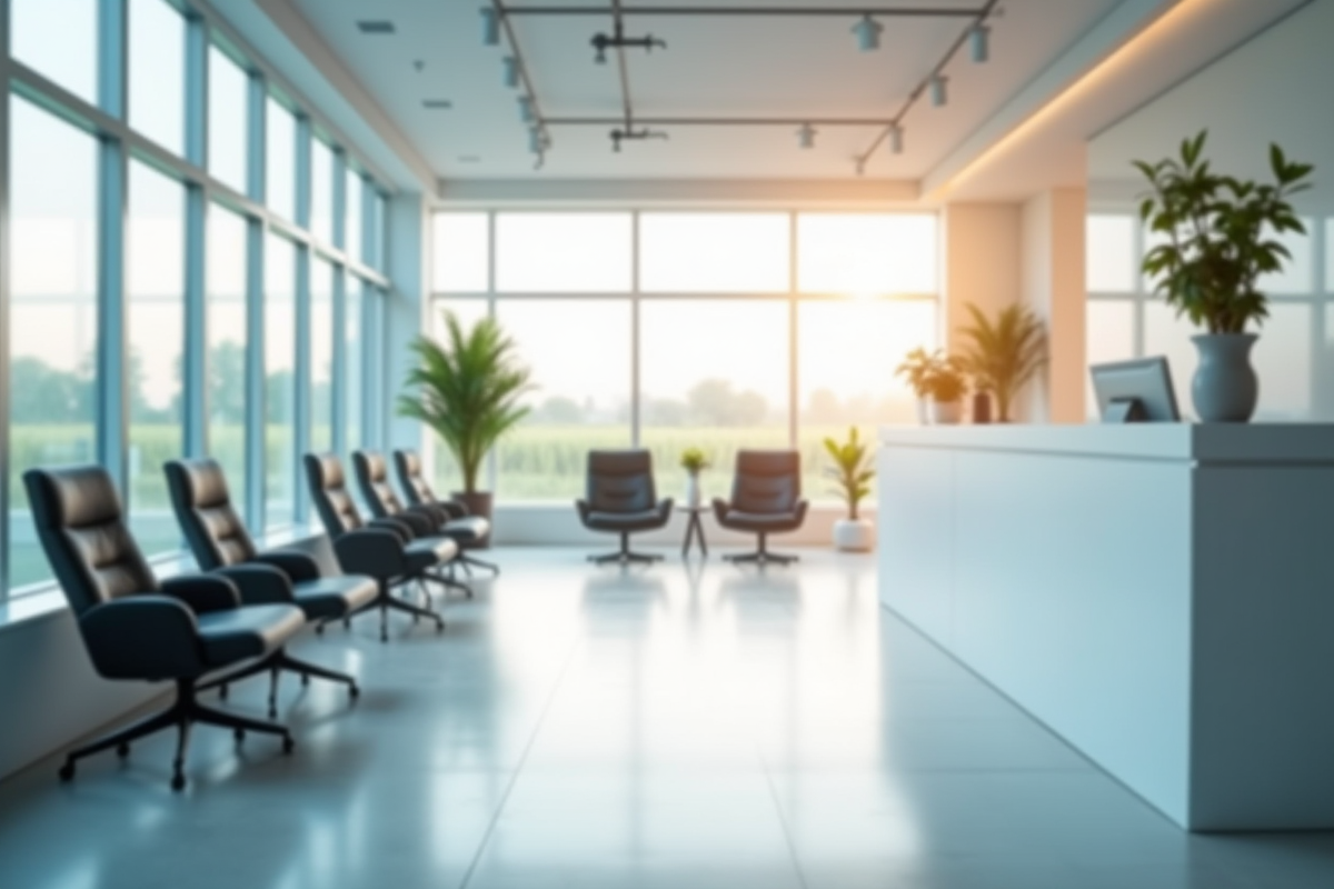 Salle d'accueil moderne d'une clinique de dermatologie lumineuse
