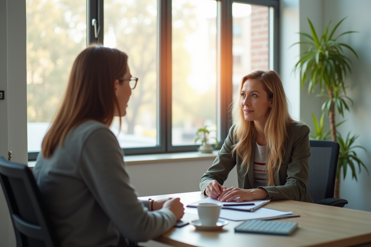 Coach et client en discussion dans un bureau lumineux