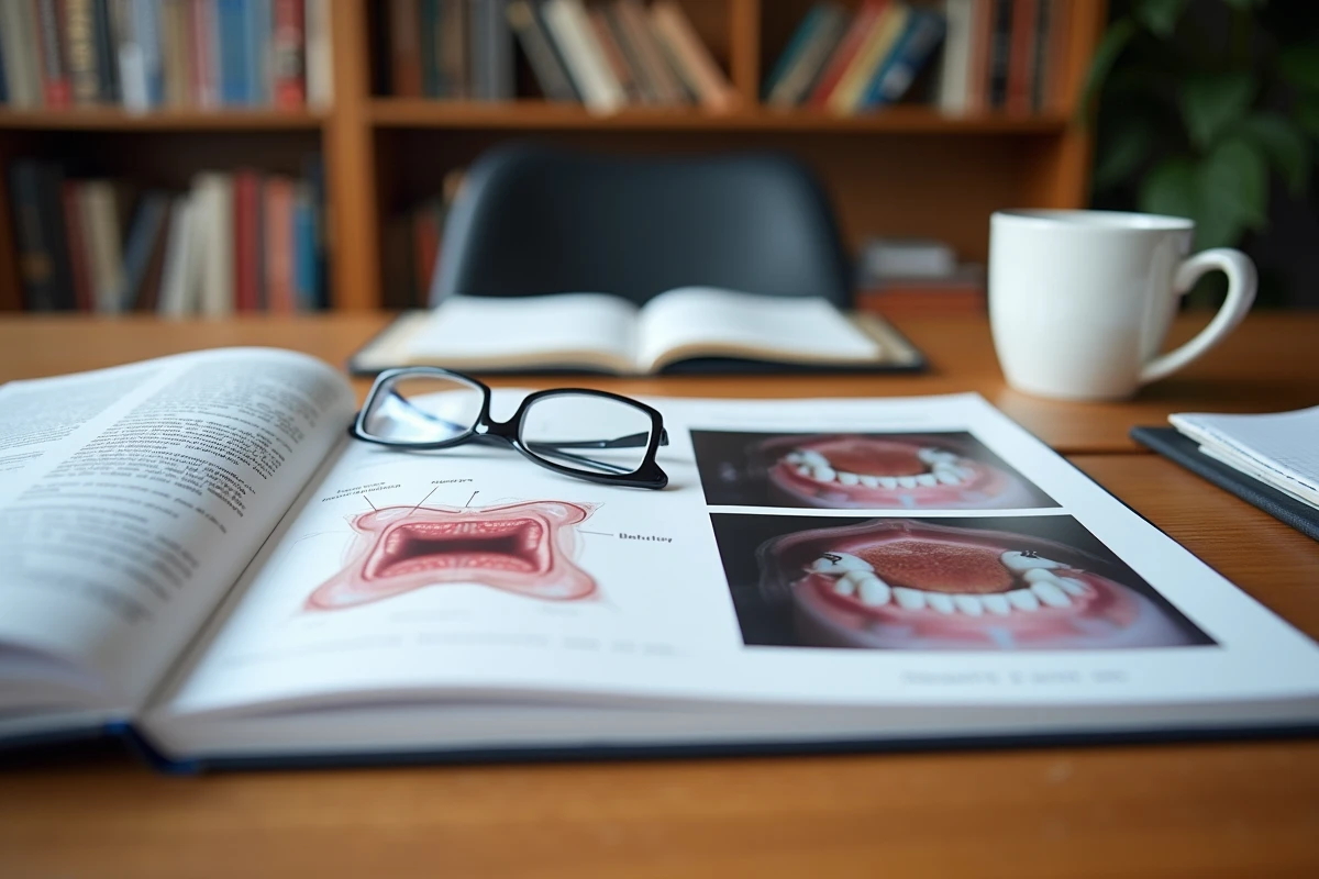 Livres médicaux et fiches cliniques sur un bureau comparant un aphte bénin et une lésion suspecte de la langue