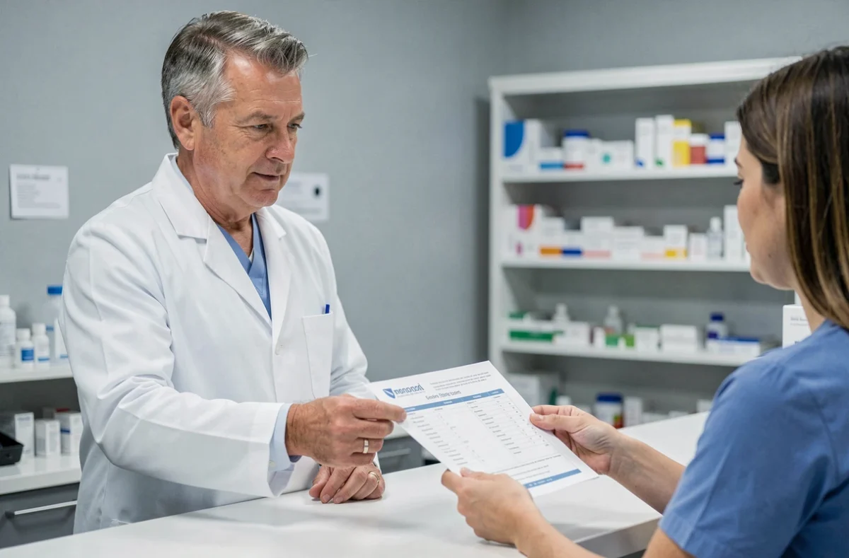 Pharmacien remettant une fiche de préparation à un patient avant une coloscopie dans un cabinet médical