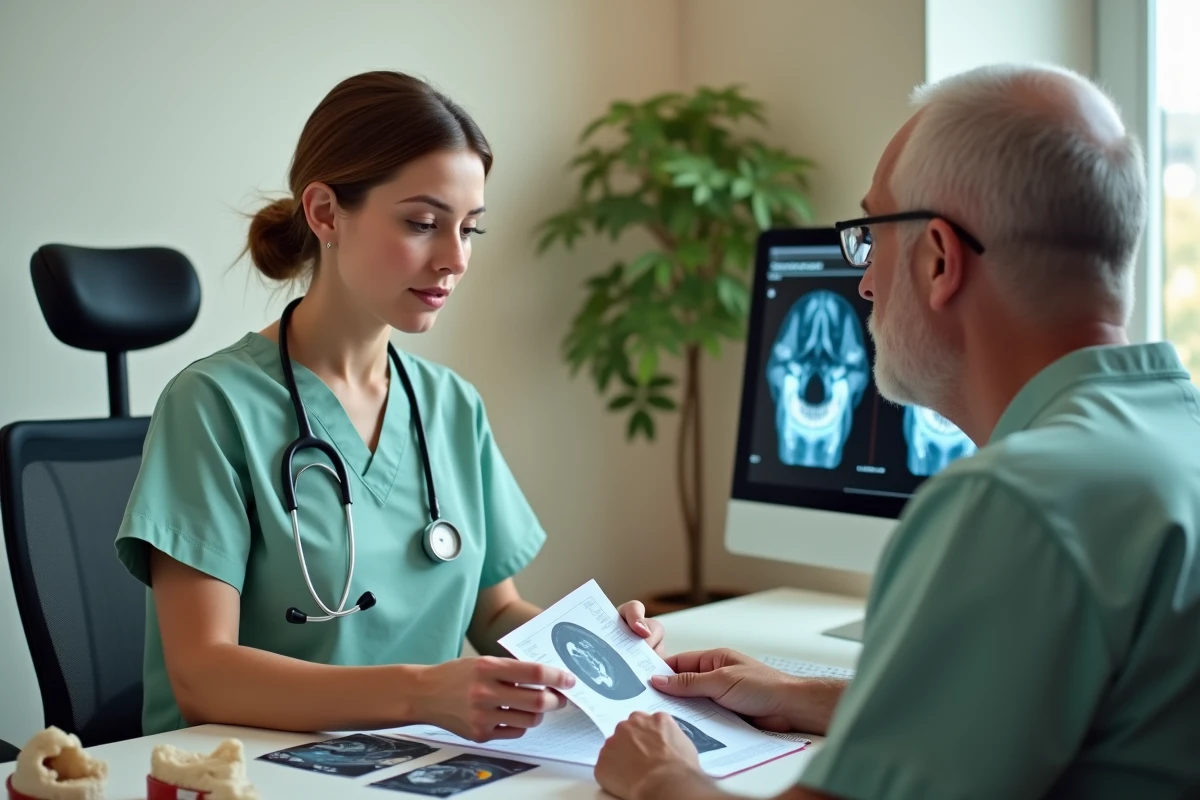 Chirurgienne maxillo-faciale en consultation avec un patient pour l'interprétation d'un scanner de la mâchoire