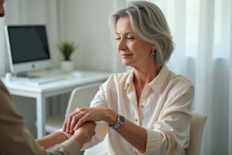 Femme de 55 ans consultant un dermatologue pour une verrue séborrhéique sur l'avant-bras