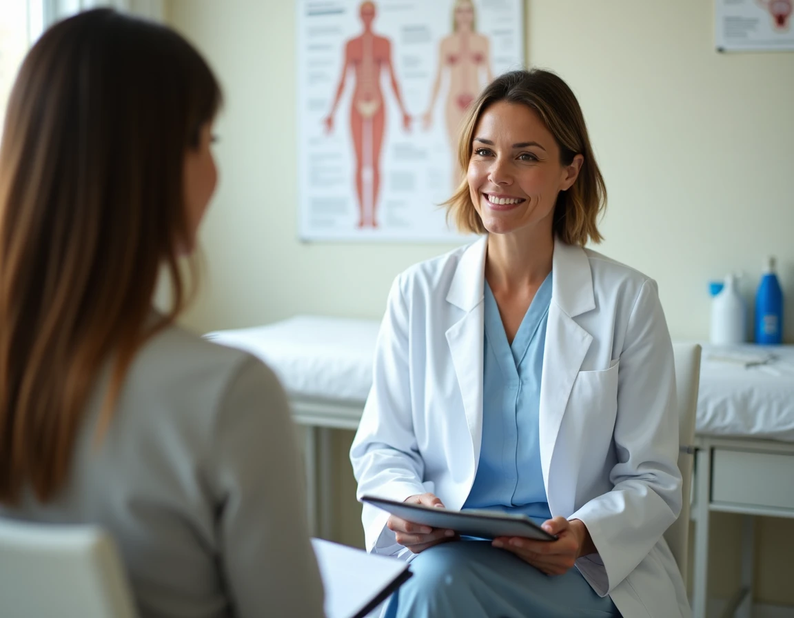Gynécologue en blouse blanche en consultation avec une patiente dans un cabinet médical, représentant l'importance de consulter un spécialiste pour des symptômes intimes comme des boutons ou démangeaisons vulvaires