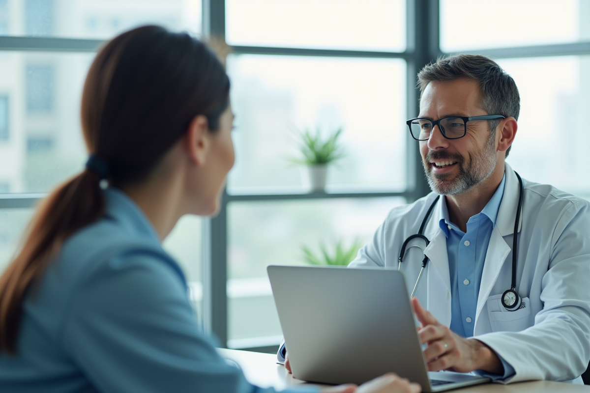 Médecin en visioconférence avec un patient dans un bureau lumineux