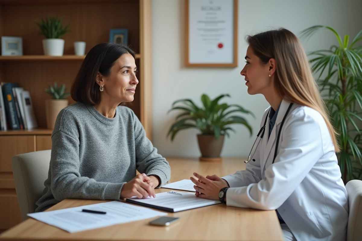 Femme adulte de petite stature en consultation médicale avec une médecin discutant des repères de taille