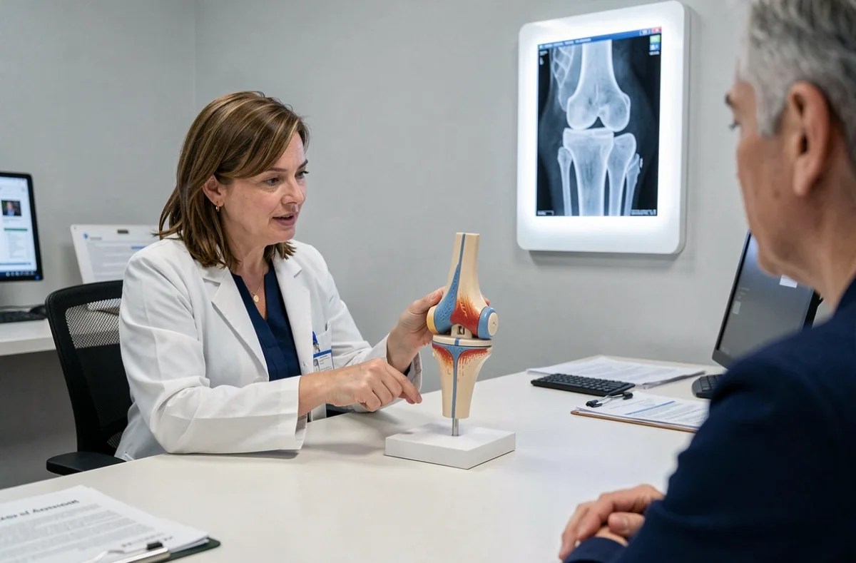 Spécialiste en orthopédie expliquant l'épanchement intra-articulaire du genou à l'aide d'un modèle anatomique lors d'une consultation médicale