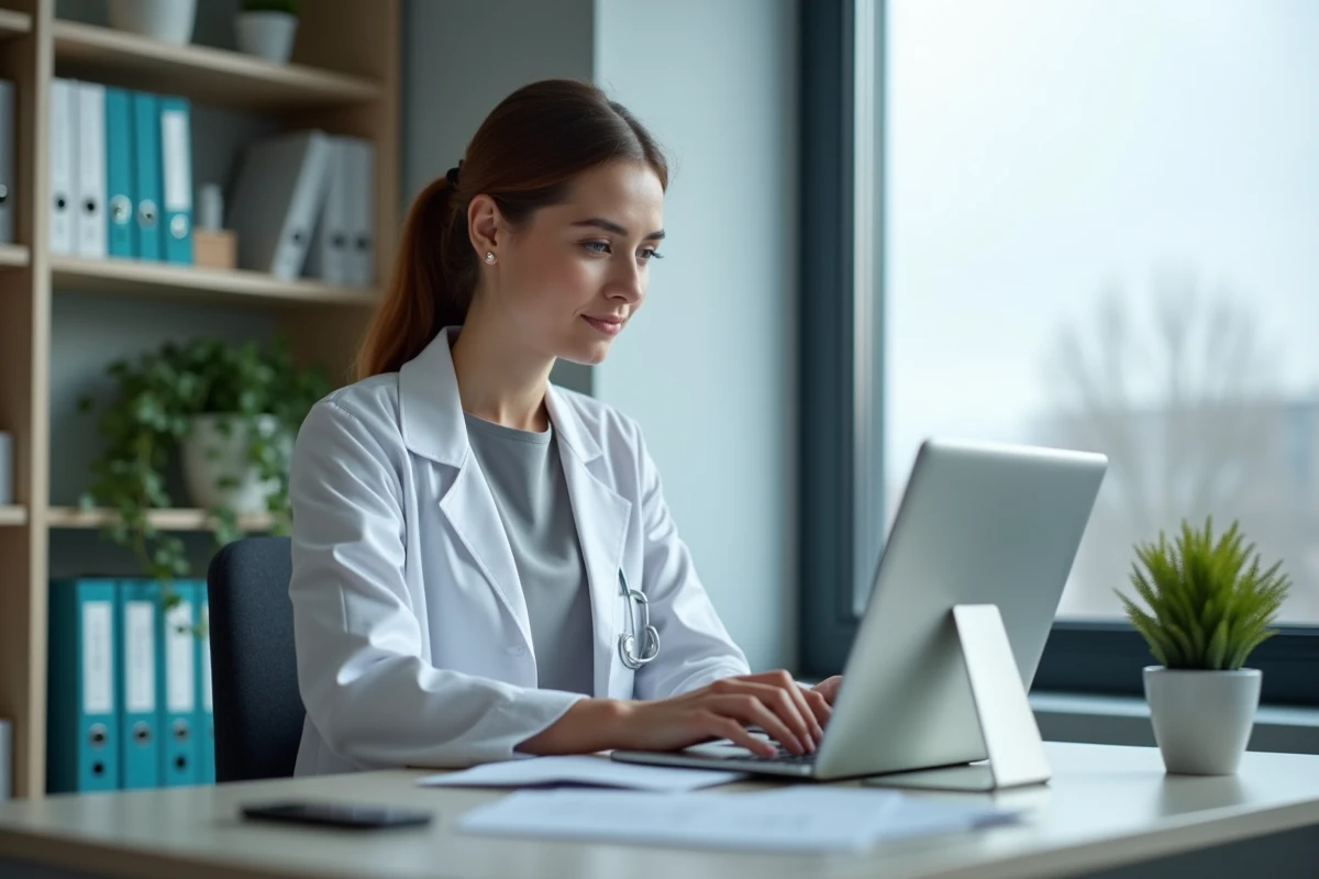 Coordinatrice de soins utilisant une tablette et un mobile avec C.netsoins dans un bureau médical