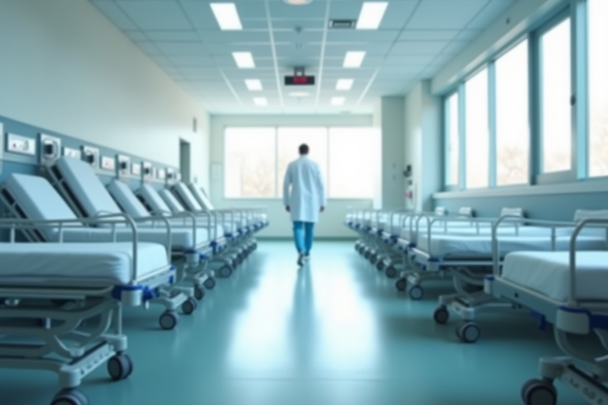 Couloir d'hôpital moderne avec chariots vides et médecin