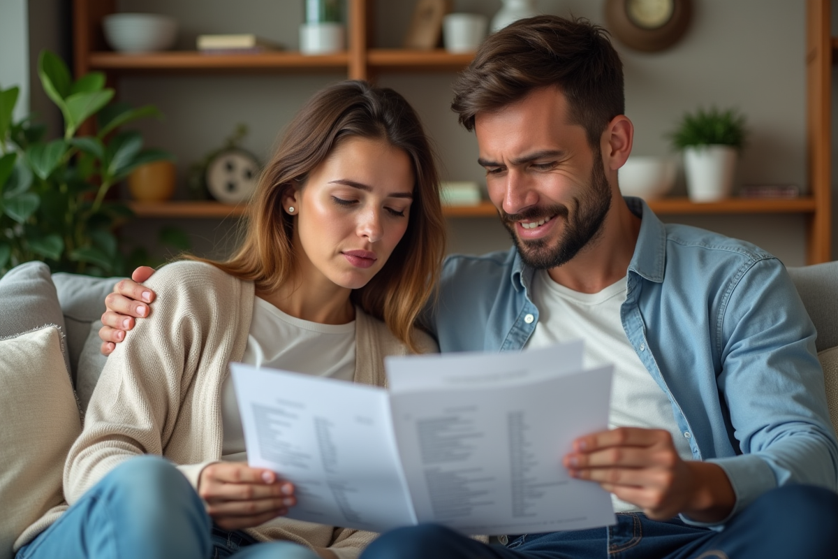 Couple discutant de médicaments sur un canapé dans un salon chaleureux