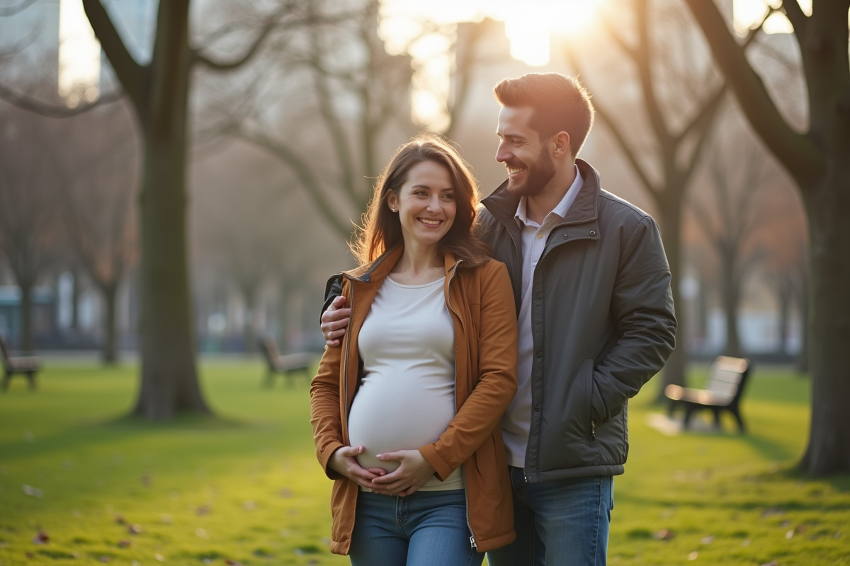 Couple dans un parc urbain en printemps
