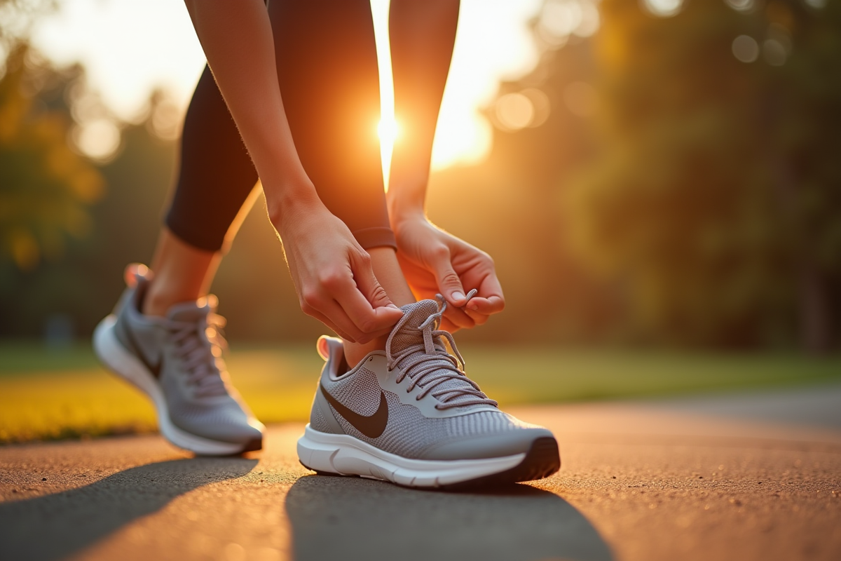 Femme souriante attachant ses chaussures de course
