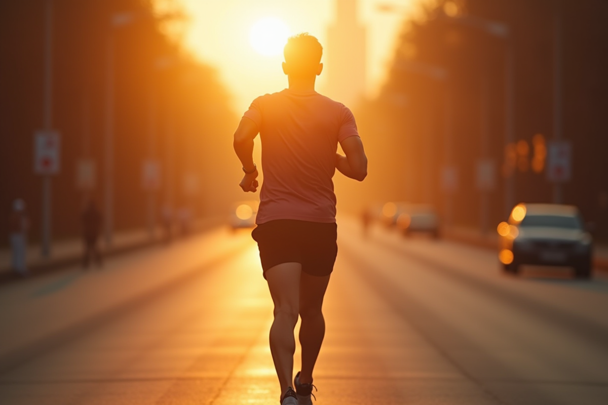 Homme en forme courant au lever du soleil en ville