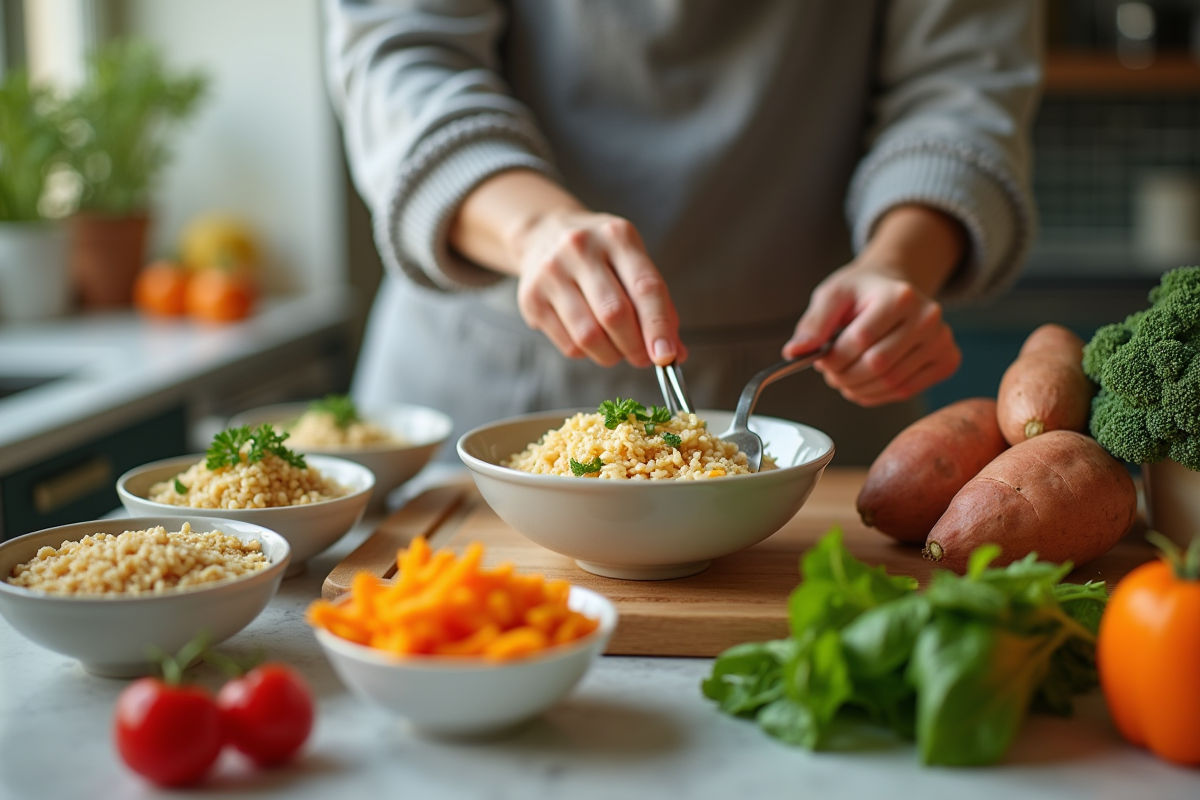 Cuisine saine avec jeune adulte préparant repas équilibrés