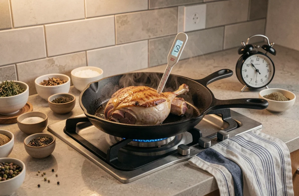 Cuisson du magret de canard dans une poêle en fonte avec thermomètre à viande pour vérifier la température sécurisée