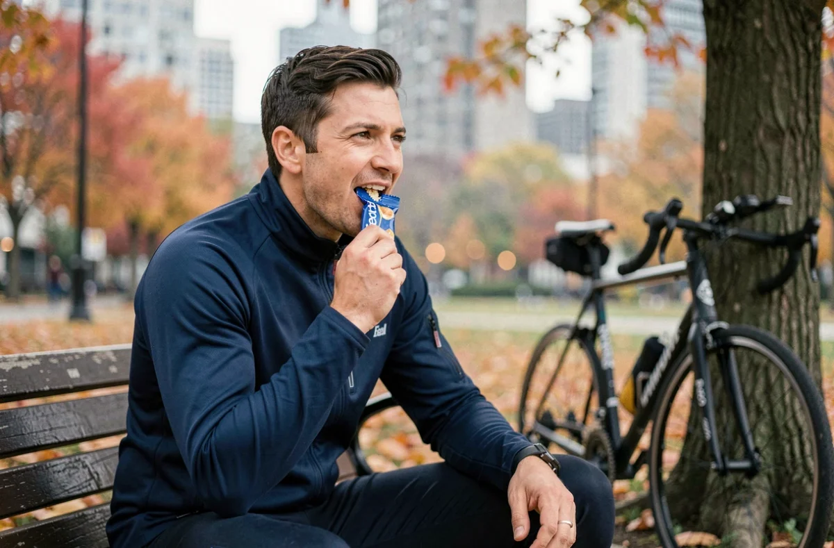Cycliste urbain mangeant une barre Feed substitut de repas sur un banc de parc en automne
