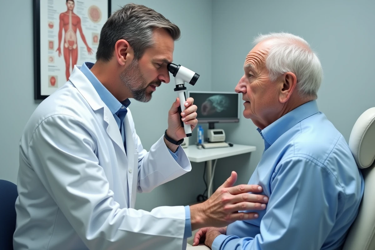 Dermatologue examinant une lésion séborrhéique dans le dos d'un patient masculin âgé avec un dermatoscope
